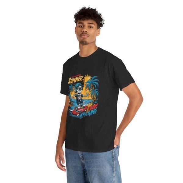 Summer Vibe Unisex Heavy Cotton Tee - Surfing Skeleton Graphic T-Shirt