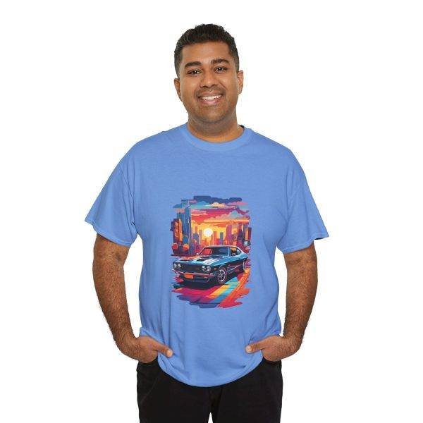 Car With City Background Blue Color T-Shirt For Unisex Heavy Cotton Tee