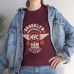 BROOKLYN UNIVERSITY NYC RAW DENIM CORE COLLECTION ORIGINAL Maroon Color Tshirt For Unisex Heavy Cotton Tee BROOKLYN UNIVERSITY NYC RAW DENIM CORE COLLECTION ORIGINAL Maroon Color Tshirt For Unisex Heavy Cotton Tee