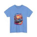 Car With City Background Blue Color T-Shirt For Unisex Heavy Cotton Tee