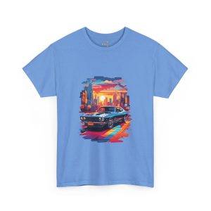 Car With City Background Blue Color T-Shirt For Unisex Heavy Cotton Tee