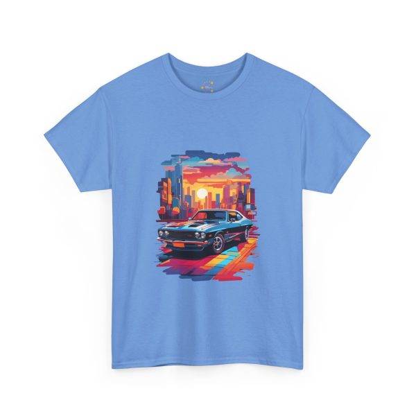 Car With City Background Blue Color T-Shirt For Unisex Heavy Cotton Tee