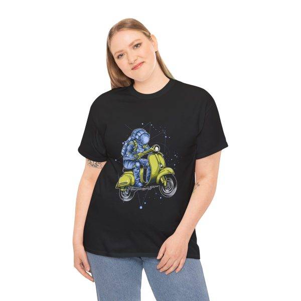 Astronaut on Scooter Black Color T-Shirt For Unisex Heavy Cotton Tee