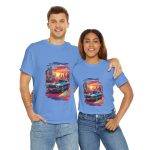 Car With City Background Blue Color T-Shirt For Unisex Heavy Cotton Tee