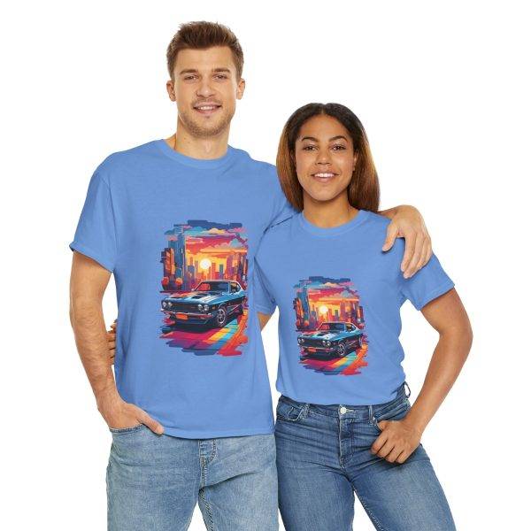 Car With City Background Blue Color T-Shirt For Unisex Heavy Cotton Tee