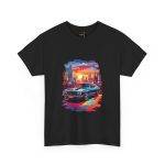 Car With City Background Black Color T-Shirt For Unisex Heavy Cotton Tee