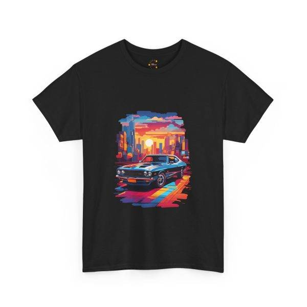 Car With City Background Black Color T-Shirt For Unisex Heavy Cotton Tee