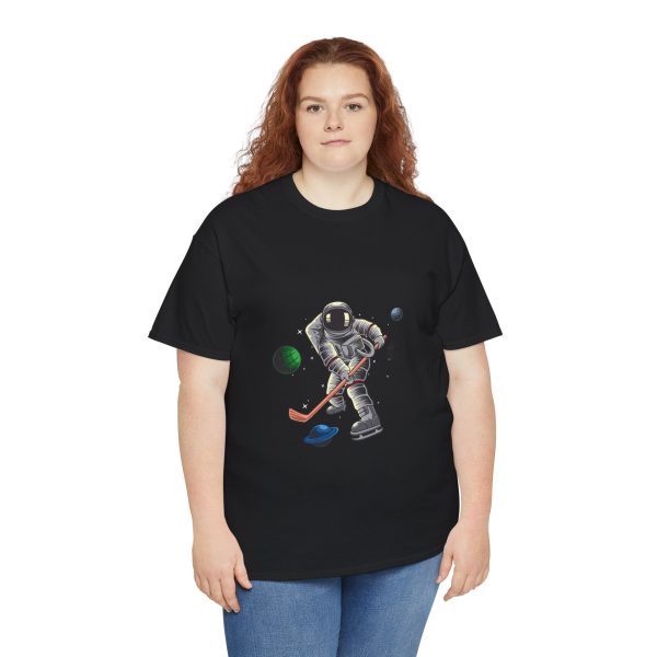 Astronaut playing hockey Black Color tshirt for Unisex Heavy Cotton Tee