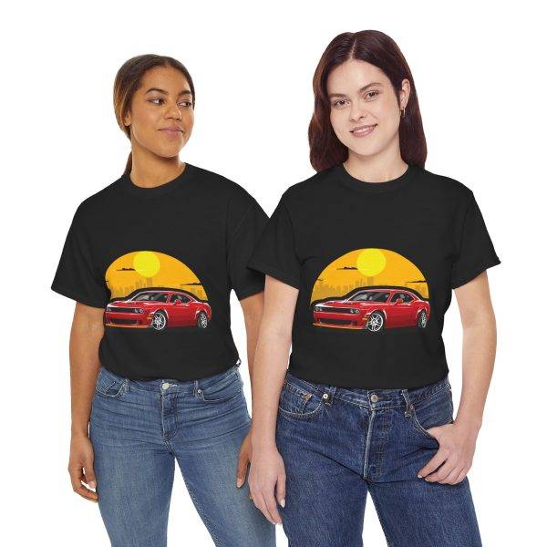 Red Car With Sunset Black Color T-Shirt For Unisex Heavy Cotton Tee