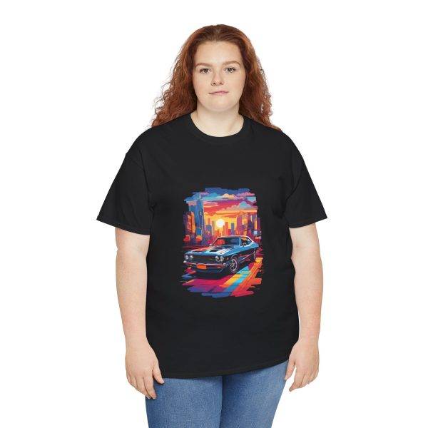Car With City Background Black Color T-Shirt For Unisex Heavy Cotton Tee