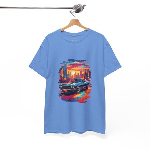 Car With City Background Blue Color T-Shirt For Unisex Heavy Cotton Tee