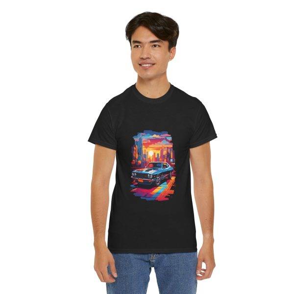 Car With City Background Black Color T-Shirt For Unisex Heavy Cotton Tee
