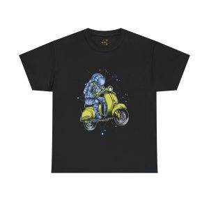 Astronaut on Scooter Black Color T-Shirt For Unisex Heavy Cotton Tee