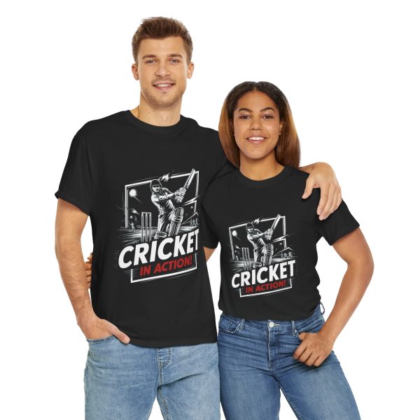 Sport Cricket In Action Black Color T-Shirt For Unisex Heavy Cotton Tee