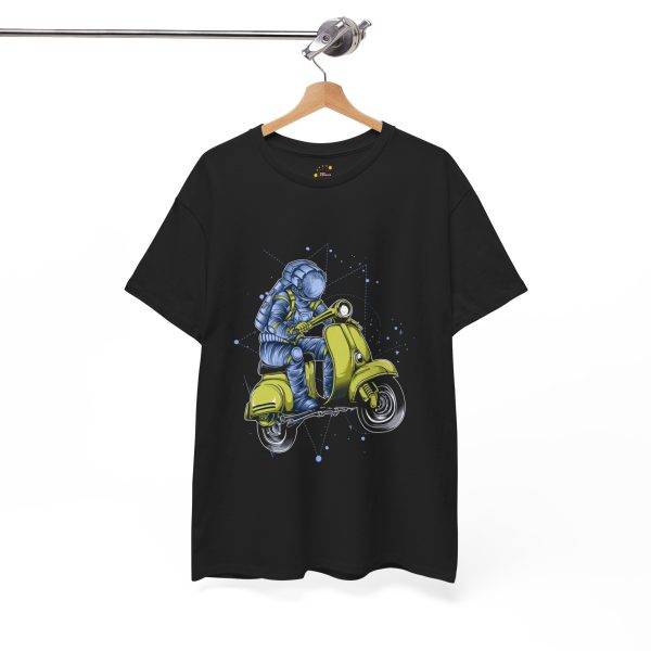 Astronaut on Scooter Black Color T-Shirt For Unisex Heavy Cotton Tee