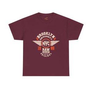 BROOKLYN UNIVERSITY NYC RAW DENIM CORE COLLECTION ORIGINAL Maroon Color Tshirt For Unisex Heavy Cotton Tee