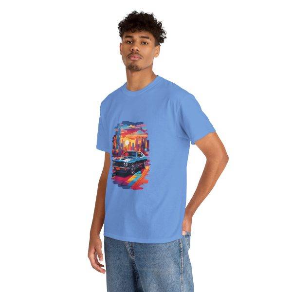 Car With City Background Blue Color T-Shirt For Unisex Heavy Cotton Tee
