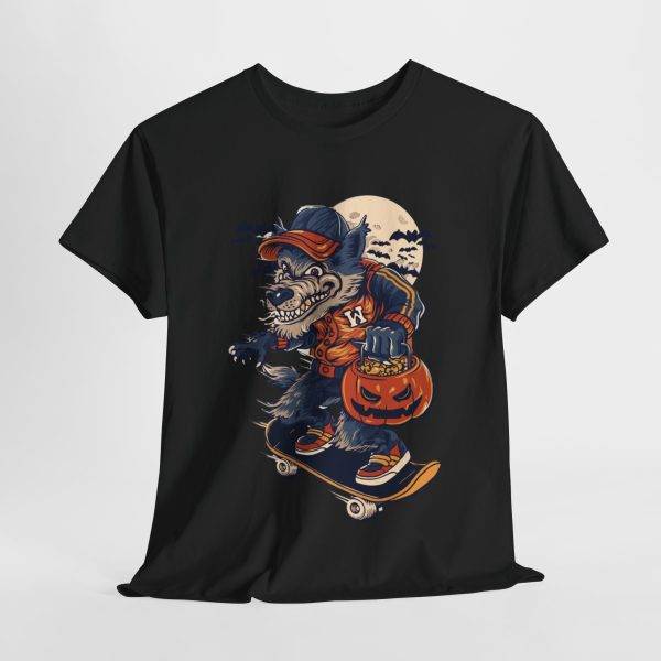 Halloween wolf on a skateboard Black Color T-Shirt For Men Heavy Cotton Tee