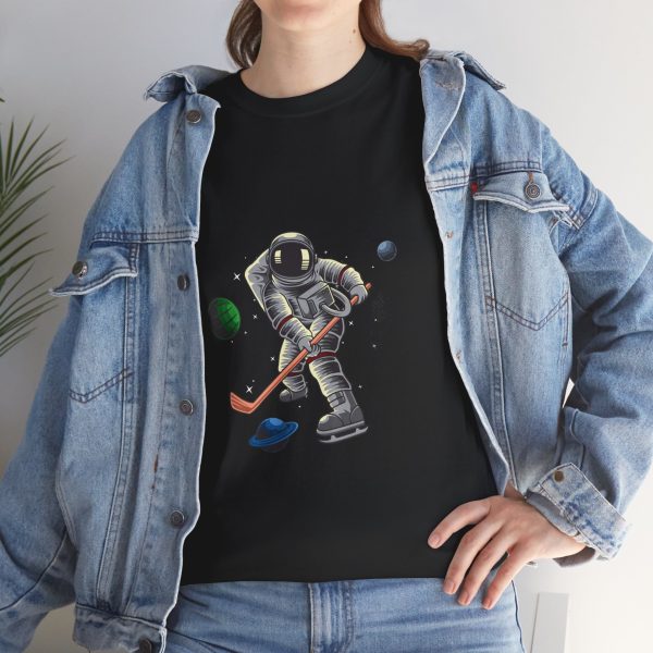 Astronaut playing hockey Black Color tshirt for Unisex Heavy Cotton Tee