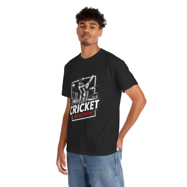 Sport Cricket In Action Black Color T-Shirt For Unisex Heavy Cotton Tee