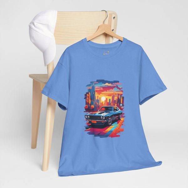 Car With City Background Blue Color T-Shirt For Unisex Heavy Cotton Tee