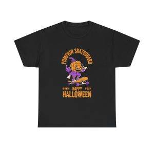 Happy Halloween PUMPKIN SKATEBOAR Black Color T-Shirt For Unisex Heavy Cotton Tee
