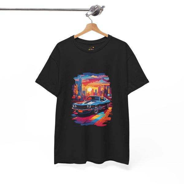 Car With City Background Black Color T-Shirt For Unisex Heavy Cotton Tee