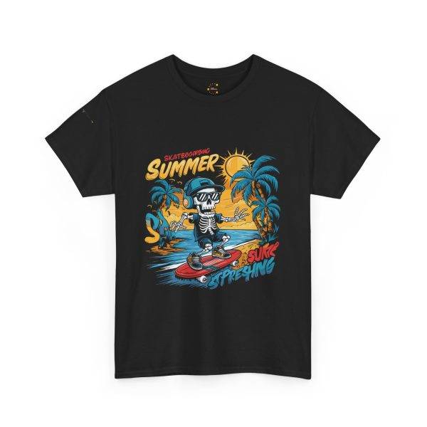 Summer Vibe Unisex Heavy Cotton Tee - Surfing Skeleton Graphic T-Shirt