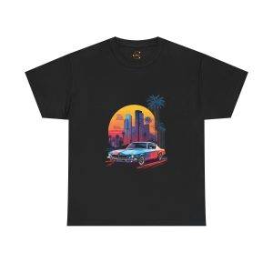 Car with City Background Black Color T-Shirt For Unisex Heavy Cotton Tee