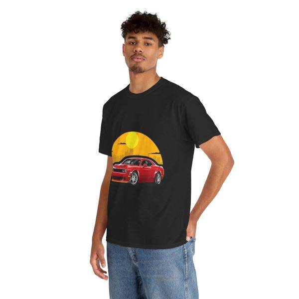 Red Car With Sunset Black Color T-Shirt For Unisex Heavy Cotton Tee