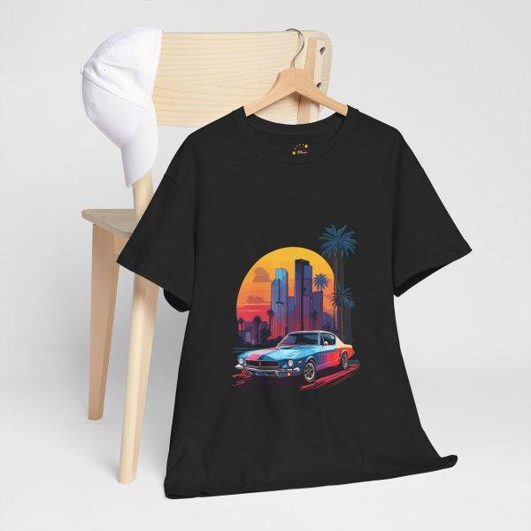 Car with City Background Black Color T-Shirt For Unisex Heavy Cotton Tee
