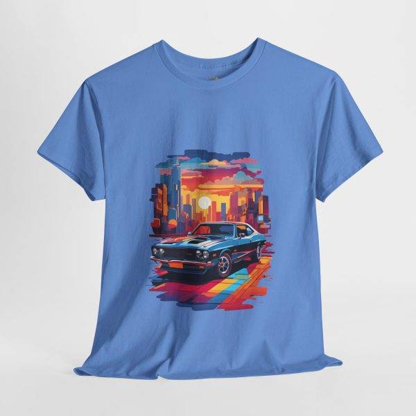 Car With City Background Blue Color T-Shirt For Unisex Heavy Cotton Tee