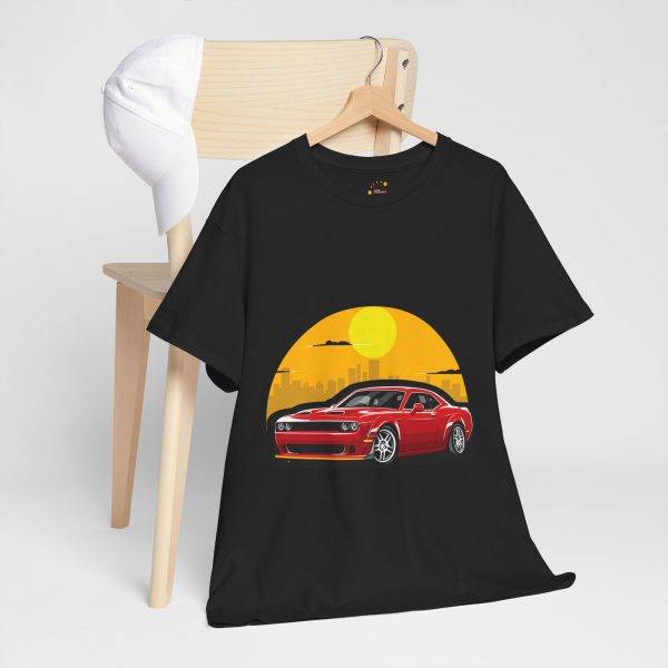 Red Car With Sunset Black Color T-Shirt For Unisex Heavy Cotton Tee