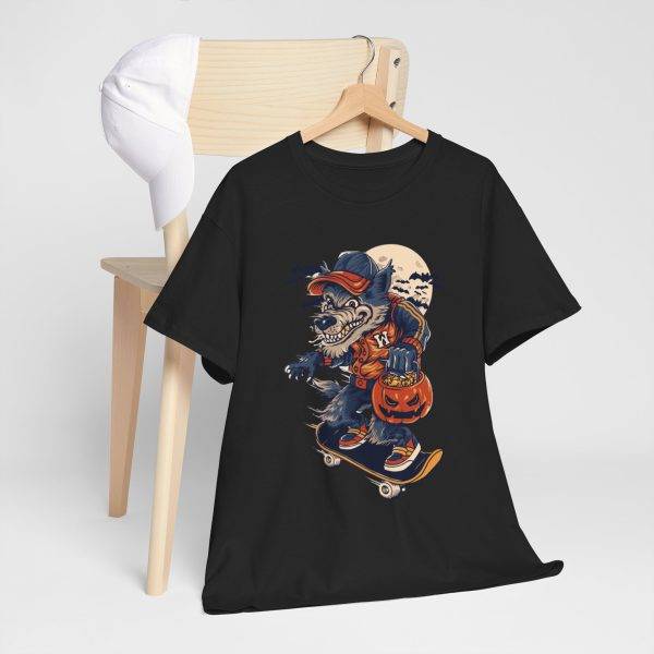 Halloween wolf on a skateboard Black Color T-Shirt For Men Heavy Cotton Tee