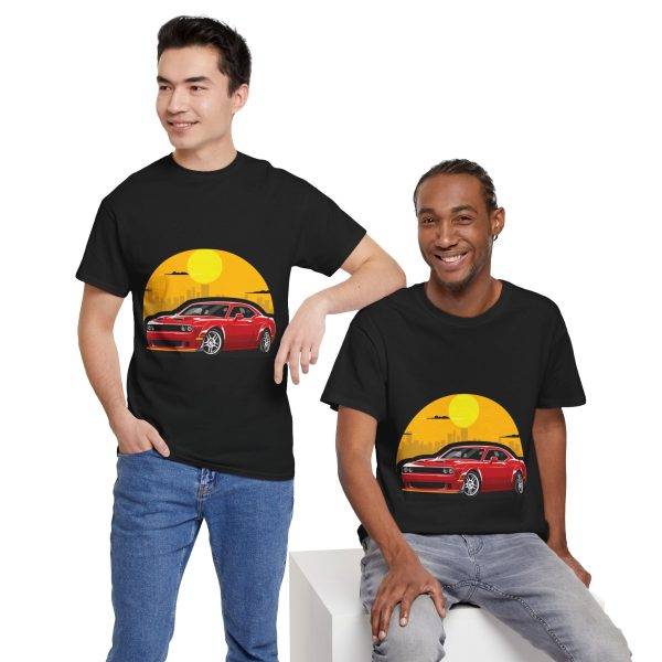 Red Car With Sunset Black Color T-Shirt For Unisex Heavy Cotton Tee
