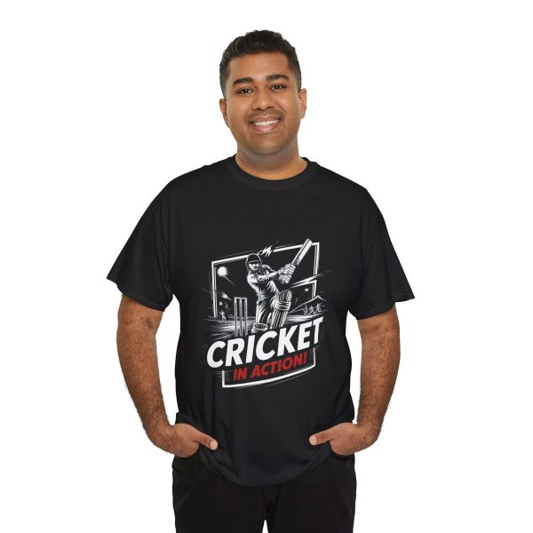Sport Cricket In Action Black Color T-Shirt For Unisex Heavy Cotton Tee