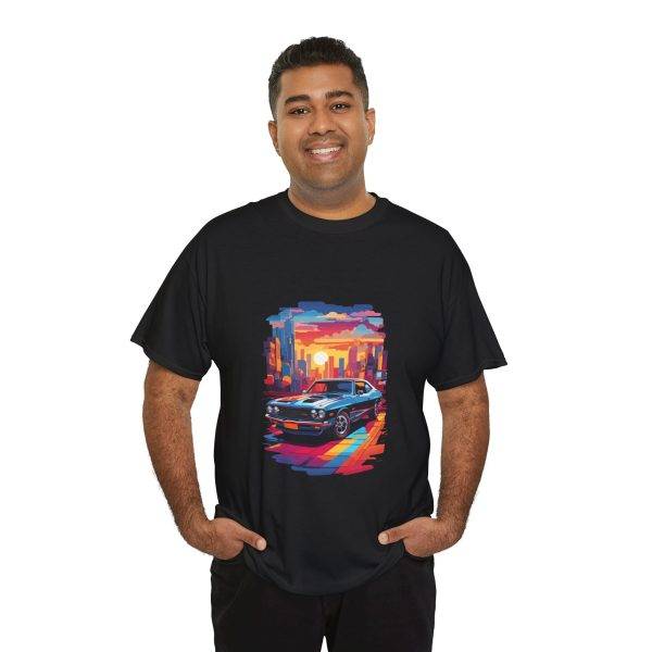 Car With City Background Black Color T-Shirt For Unisex Heavy Cotton Tee