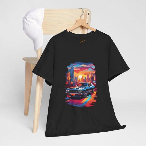 Car With City Background Black Color T-Shirt For Unisex Heavy Cotton Tee