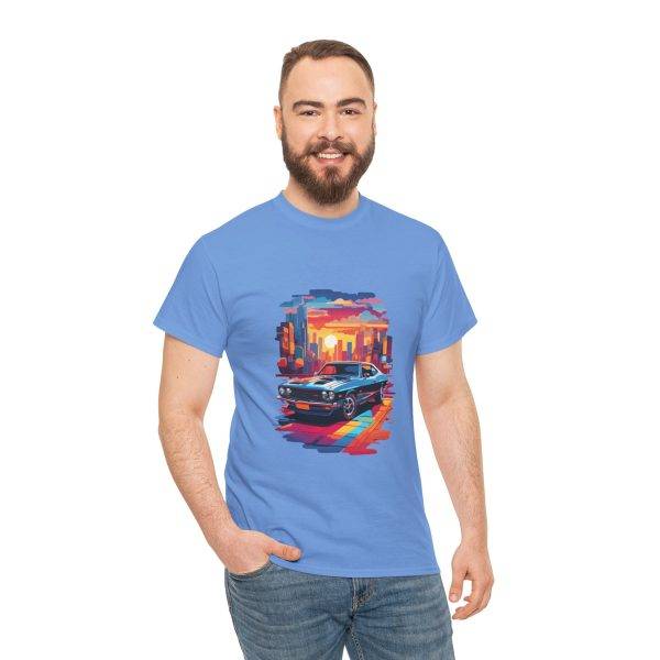 Car With City Background Blue Color T-Shirt For Unisex Heavy Cotton Tee