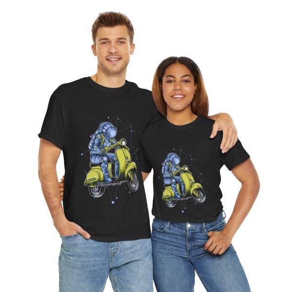 Astronaut on Scooter Black Color T-Shirt For Unisex Heavy Cotton Tee