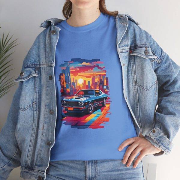Car With City Background Blue Color T-Shirt For Unisex Heavy Cotton Tee