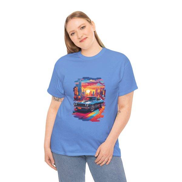 Car With City Background Blue Color T-Shirt For Unisex Heavy Cotton Tee