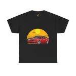 Red Car With Sunset Black Color T-Shirt For Unisex Heavy Cotton Tee