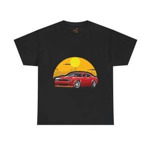 Red Car With Sunset Black Color T-Shirt For Unisex Heavy Cotton Tee