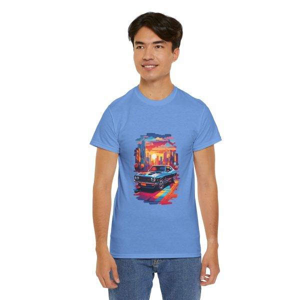 Car With City Background Blue Color T-Shirt For Unisex Heavy Cotton Tee