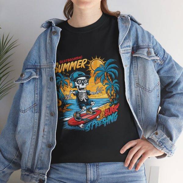 Summer Vibe Unisex Heavy Cotton Tee - Surfing Skeleton Graphic T-Shirt