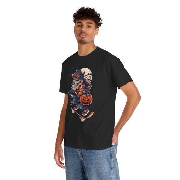 Halloween wolf on a skateboard Black Color T-Shirt For Men Heavy Cotton Tee