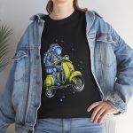 Astronaut on Scooter Black Color T-Shirt For Unisex Heavy Cotton Tee