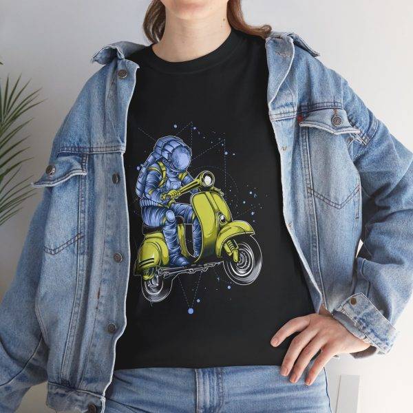 Astronaut on Scooter Black Color T-Shirt For Unisex Heavy Cotton Tee