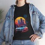 Car with City Background Black Color T-Shirt For Unisex Heavy Cotton Tee